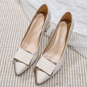 Beige Short Chunk Heel Pumps